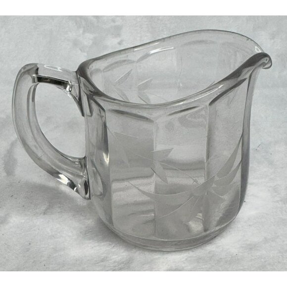 Vintage Clear Glass Etched Floral Design Creamer Pitcher With Handle 3" Tall - Picture 1 of 6